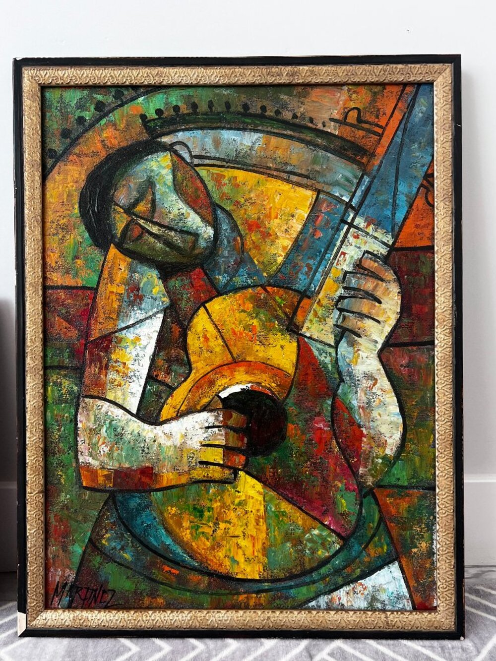 Mid-Century Modern Cubist Guitarist Oil Painting – Signed Martinez (20”x26”)